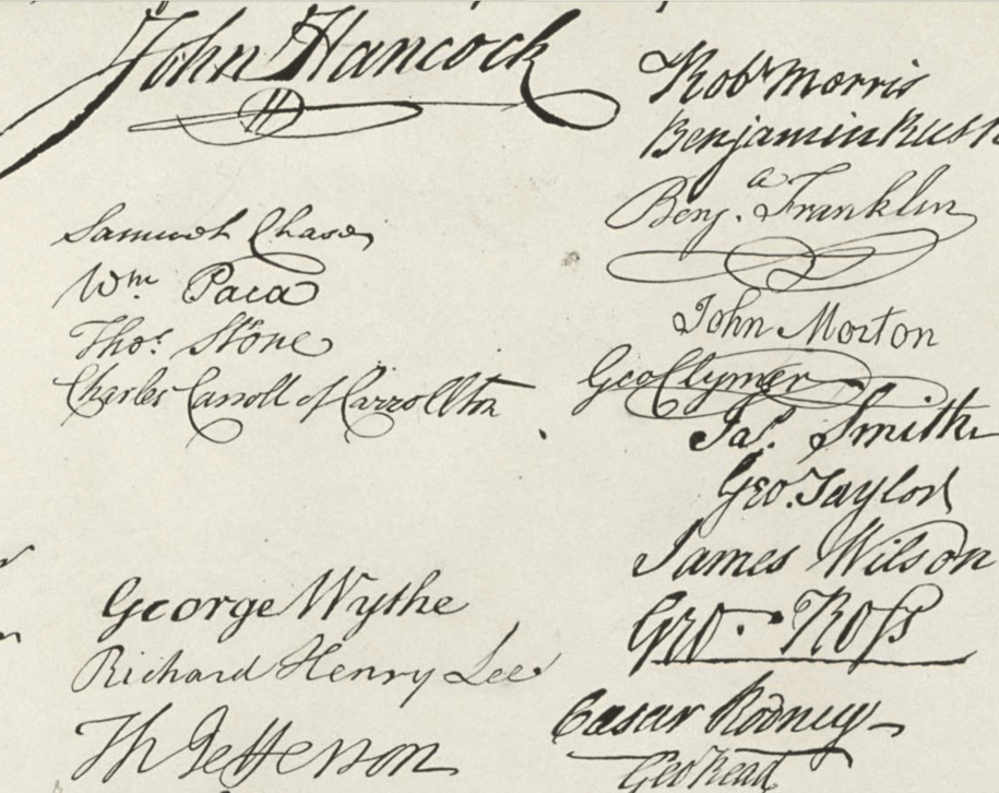 The signature panel of the Declaration of Independence