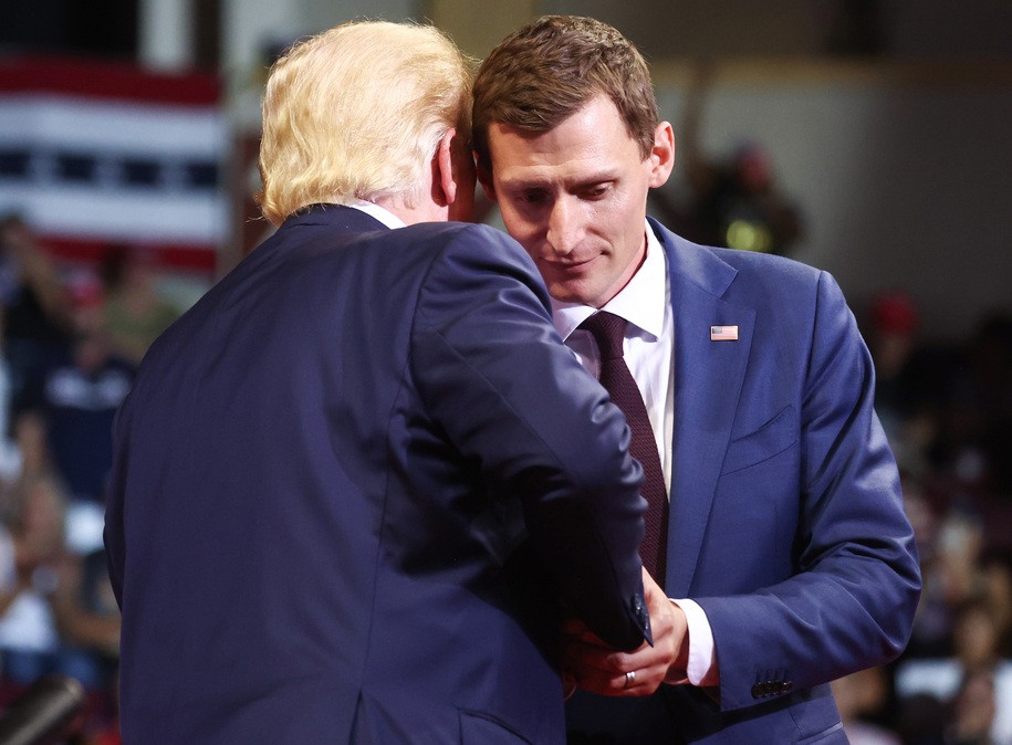 PRESCOTT VALLEY, ARIZONA - JULY 22: Former President Donald Trump (L) embraces Republican Senate candidate Blake Masters at a â€˜Save Americaâ€™ rally in support of Arizona GOP candidates on July 22, 2022 in Prescott Valley, Arizona. Arizona's primary election will take place August 2. (Photo by Mario Tama/Getty Images)