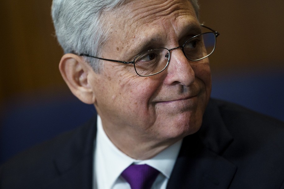 WASHINGTON, DC - OCTOBER 20: U.S. Attorney General Merrick Garland listens during a news conference with German Minister of Justice Dr. Marco Buschmann following a bilateral meeting at the Department of Justice on October 20, 2022 in Washington, D.C.  (Photo by Sarah Silbiger-Pool/Getty Images)