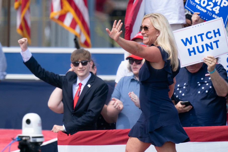 PICKENS, SOUTH CAROLINA - JULY 01: U.S. Rep. Marjorie Taylor Greene (R-GA) waves after speaking to a crowd during  a campaign event for former President Donald Trump on July 1, 2023 in Pickens, South Carolina. The former president faces a growing list of primary challengers in the Republican Party.  (Photo by Sean Rayford/Getty Images)