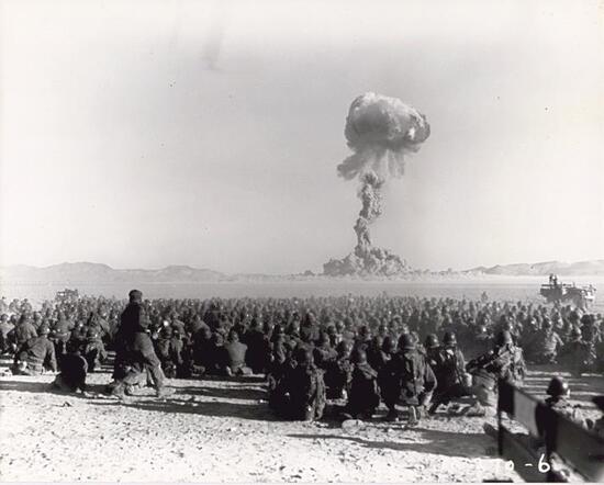 Operation Buster-Jangle - Dog test — with troops participating in exercise Desert Rock I. It was the first U.S. nuclear field exercise conducted on land; troops shown are a mere 6 miles from the blast. At the Category:Nevada Test Site, 1 November 1951.