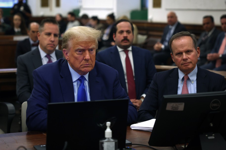 NEW YORK, NEW YORK - OCTOBER 24:  Former President Donald Trump sits in court with his attorney Christopher Kise during his civil fraud trial at New York State Supreme Court on October 24, 2023 in New York City. The former president may be forced to sell off his properties after Justice Arthur Engoron canceled his business certificates and ruled that he committed fraud for years while building his real estate empire after being sued by Attorney General Letitia James, seeking $250 million in damages. The trial will determine how much he and his companies will be penalized for the fraud. 