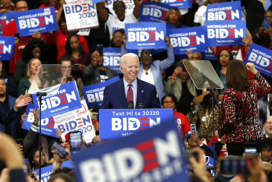 Democratic presidential candidate former Vice President Joe Biden speaks during a campaign rally at Renaissance High School in Detroit, Monday, March 9, 2020. (AP Photo/Paul Sancya)