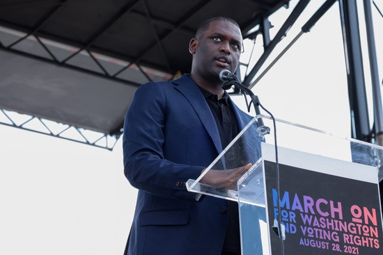 WASHINGTON, DC - AUGUST 28: Rep. Mondaire Jones (D-NY)  delivers remarks at the â€œMarch On for Washington and Voting Rightsâ€ on the National Mall on August 28, 2021 in Washington, DC. The event was organized to honor the 58th anniversary of the March On Washington and Martin Luther King Jr.â€™s â€œI Have a Dreamâ€ speech and also urge the Senate to pass voting rights legislation. (Photo by Anna Moneymaker/Getty Images)