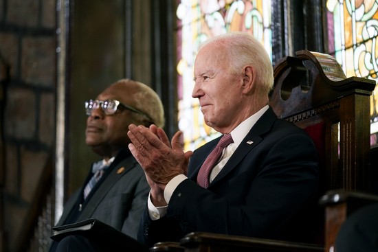 President Joe Biden sits with Rep. Jim Clyburn, D-S.C., before delivering remarks at Mother Emanuel AME Church in Charleston, S.C., Monday, Jan. 8, 2024, where nine worshippers were killed in a mass shooting by a white supremacist in 2015. (AP Photo/Stephanie Scarbrough)
