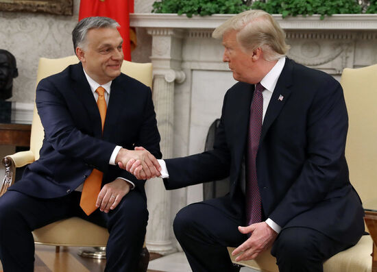 WASHINGTON, DC - MAY 13: U.S. President Donald Trump shakes hands with Hungarian Prime MinisterÂ Viktor Orban during a meeting in the Oval Office on May 13, 2019 in Washington, DC. President Trump took questions on trade with China, Iran and other topics. (Photo by Mark Wilson/Getty Images)