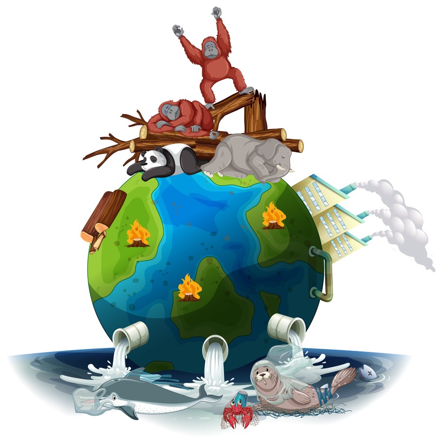 Pollutions on earth with dying animals illustration