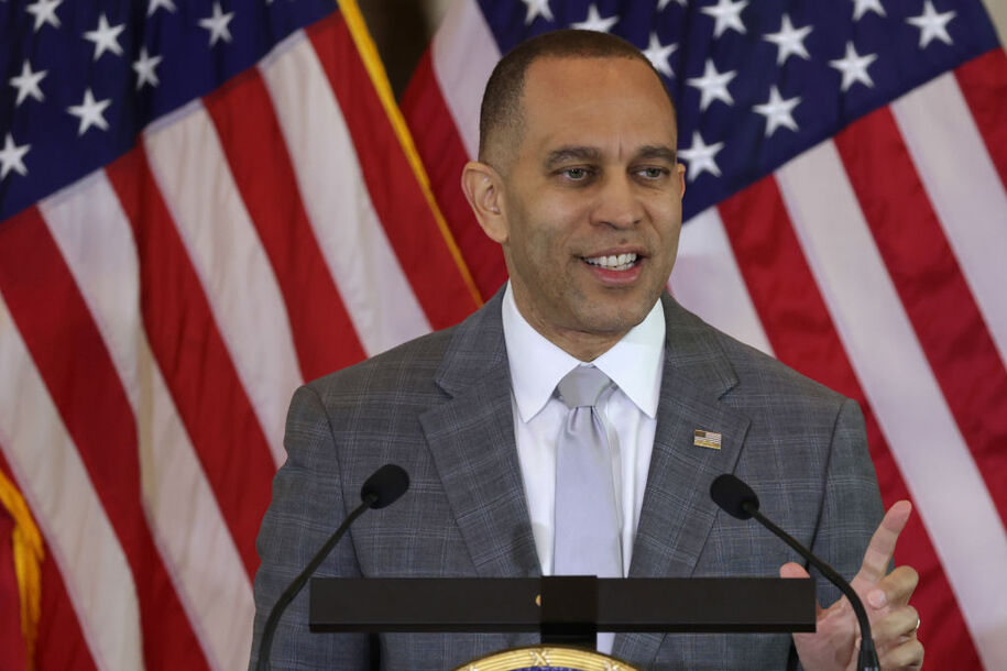 WASHINGTON, DC - MARCH 21: U.S. House Minority Leader Rep. Hakeem Jeffries (D-NY) speaks during a Congressional Gold Medal presentation ceremony at the Emancipation Hall of the Capitol Visitor Center on March 21, 2024 on Capitol Hill in Washington, DC. The Congressional Gold Medal ceremony was held to honor the 23rd Headquarters Special Troops and the 3133rd Signal Services Company, known collectively as the Ghost Army. (Photo by Alex Wong/Getty Images)