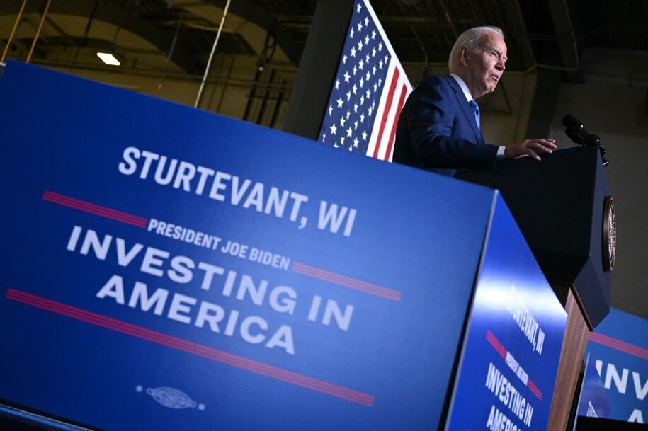 US President Joe Biden speaks about his Investing in America agenda, at Gateway Technical College in Sturtevant, Wisconsin, on May 8, 2024. Biden is highlighting a major investment by Microsoft in Racine, Wisconsin, a city on the shores of Lake Michigan, as part of the president's plan of 'growing the economy from the middle-out and bottom-up,' the White House said. (Photo by Mandel NGAN / AFP) (Photo by MANDEL NGAN/AFP via Getty Images)