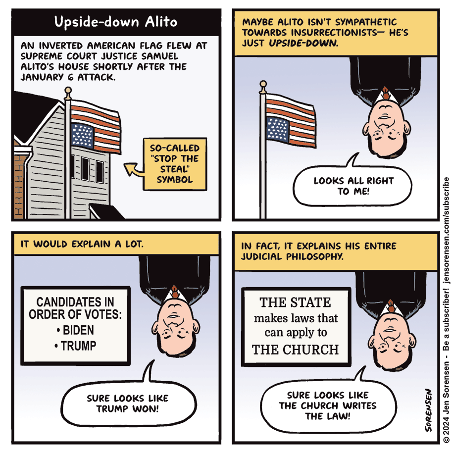 Cartoon about Alito having a US flag flown upside down at his house