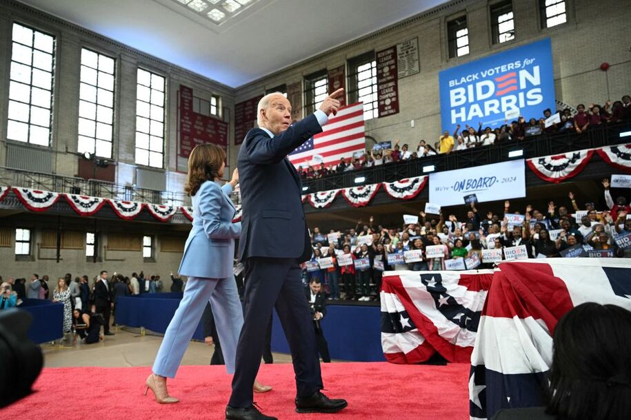 US President Joe Biden and Vice President Kamala Harris hold a campaign rally in Philadelphia, Pennsylvania, on May 29, 2024. (Photo by Mandel NGAN / AFP) (Photo by MANDEL NGAN/AFP via Getty Images)