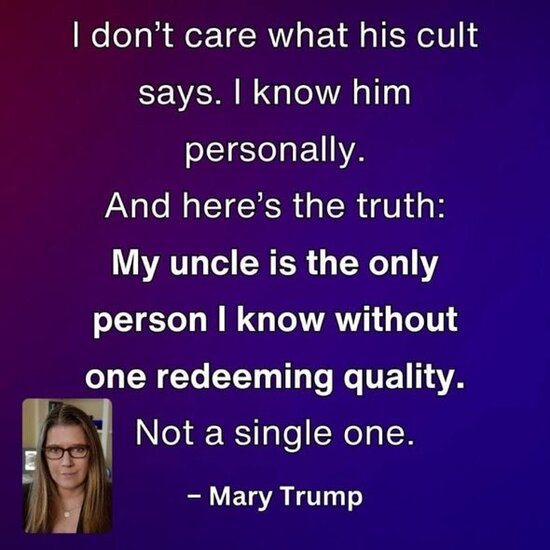Mary Trump: i don't care what his cult says. I know him personally. And here's the truth. My uncle is the only person I know without one redeeming quality. Not a single one.