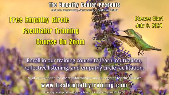 Free Empathy Circle Facilitator Training course on Zoom. Classes start July 6, 2024. Enroll in our training course to learn mutualism, reflective listening, and empathy circle facilitation.