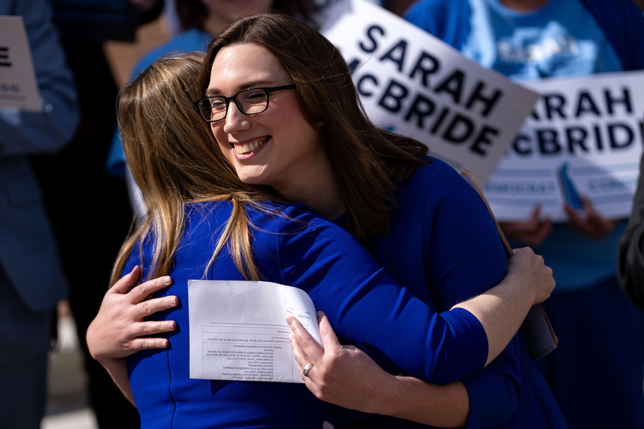 DOVER, DELAWARE - MARCH 4: Democratic congressional candidate from Delaware Sarah McBride hugs Delaware State Treasurer Colleen Davis during a press conference on the steps of Delaware Legislative Hall on March, 4 2024 in Dover, Delaware. If elected, she would be the first transgender person to serve in the U.S. Congress. McBride, who currently respresents Delaware's First State Senate district, has worked for former Delaware Governor Jack Markell, the late Attorney General Beau Biden, the Obama White House, and most recently as the national spokesperson for the Human Rights Campaign. (Photo by Kent Nishimura/Getty Images)