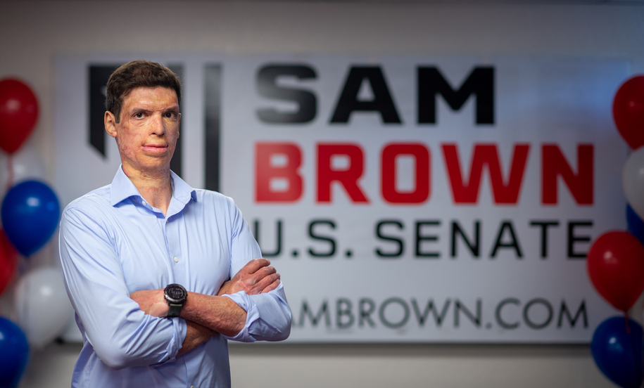 RENO, NV - JUNE 14:  Republican U.S. Senate candidate Sam Brown stands for a photo at his campaign office on June 14, 2022 in Reno, Nevada. Brown is running against former state Attorney General Adam Laxalt in today's GOP primary.  (Photo by Josh Edelson/Getty Images)