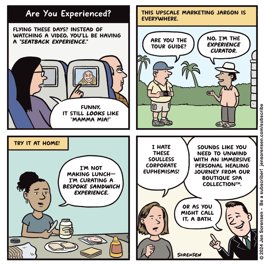 cartoon on the popularity of the word experience in marketing as well as other terms like curated