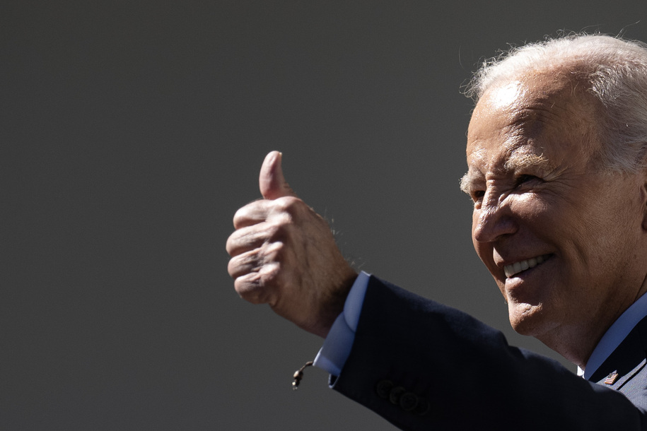 WASHINGTON, DC - OCTOBER 11: U.S. President Joe Biden gives the thumbs up after delivering remarks on new efforts to crack down on hidden junk fees in the Rose Garden of the White House October 11, 2023 in Washington, DC. The Federal Trade Commission (FTC) is proposing a new rule today to ban the use of junk fees, which are additional costs that are disclosed after a consumer has decided to purchase a service or product. The new rule would make businesses disclose all mandatory fees when listing a price. (Photo by Drew Angerer/Getty Images)