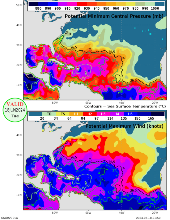 Maximum potential hurricane intensity calculation map. Water temperatures are already favorable for major hurricanes.