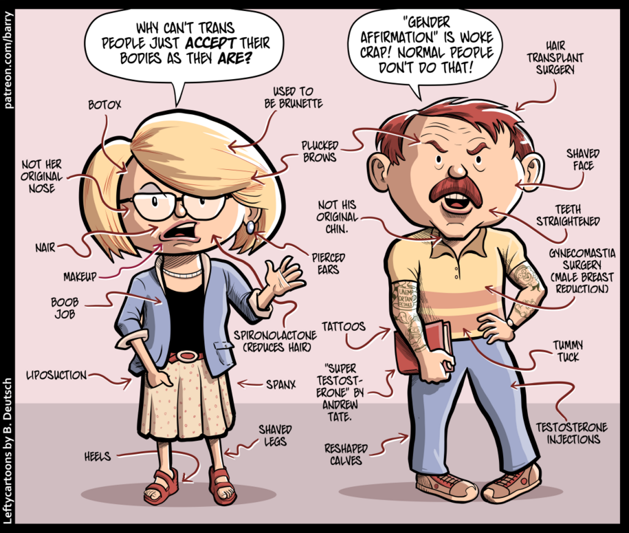 A one-panel cartoon about double standards between cis and trans people. Transcript: https://www.patreon.com/posts/105326660