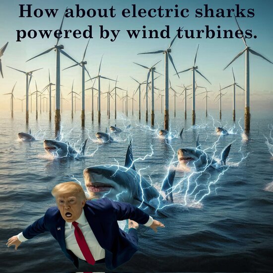Scared Trump tries to flee from electric sharks