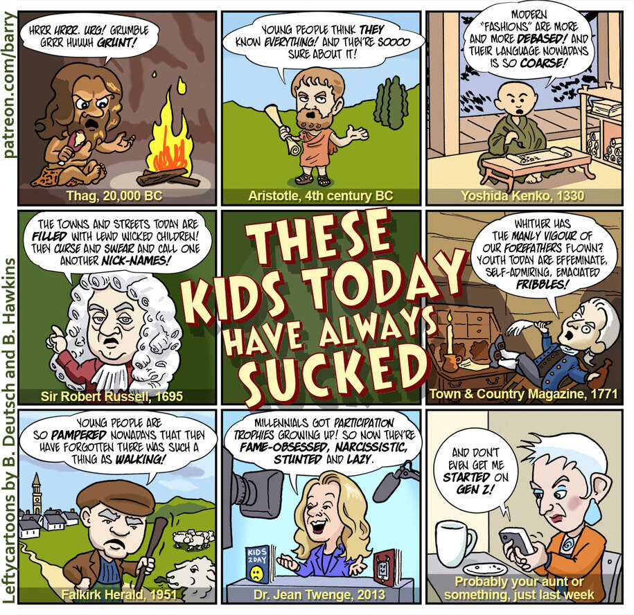 A nine-panel cartoon about the history of old people saying young people suck. Transcript and description at https://www.patreon.com/posts/these-kids-today-54134370 .