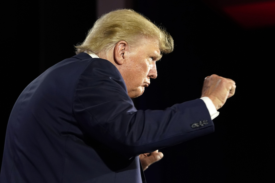 Former President Donald Trump dances after speaking at the Faith and Freedom Coalitionâ€™s â€œRoad to Majorityâ€ event, Friday, June 17, 2022, in Nashville, Tenn. (AP Photo/Mark Humphrey)