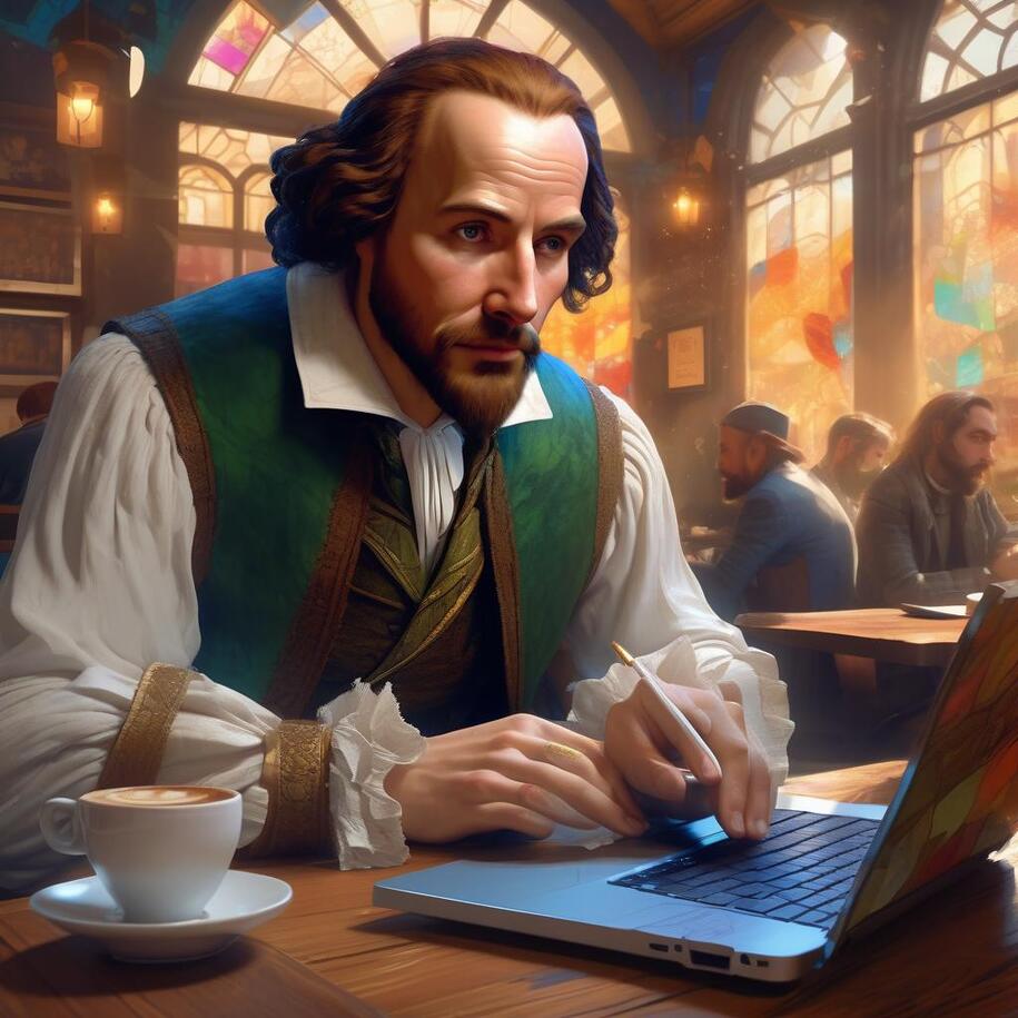 Image of William Shakespeare in a coffee shop writing a play on a laptop computer generated in NightCafe by SDXL 1.0, Artistic Portrait preset, random number seed 2289057035, sampling method, K_DPMPP_2M.