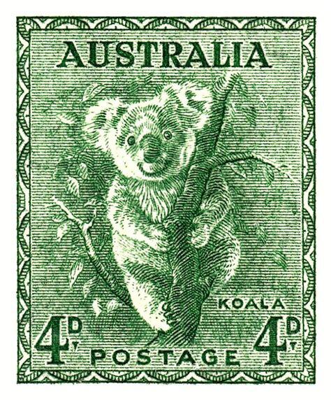 Australian 4 pence postage stamp with an engraving of a koala in a tree.