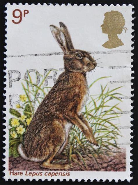 British 9 pence stamp, picturing a hare sitting up amid grass and flowers.
