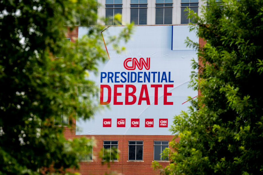 ATLANTA, GEORGIA - JUNE 27: Signage for a CNN presidential debate is seen outside of their studios at the Turner Entertainment Networks on June 27, 2024 in Atlanta, Georgia. President Joe Biden and Republican presidential candidate, former U.S. President Donald Trump will face off in the first presidential debate of the 2024 presidential cycle this evening. (Photo by Andrew Harnik/Getty Images)