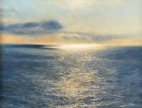 Magical painting by Ralphdog. He had this to say about the piece: Painted from photos and sketches of a moody sunrise from Monhegan Island, Maine last August. The clouds cast striking shadows on the sea. The little speck right of center in the light is a lobster boat; they seem big enough up close but they are tiny things on the scale of the ocean.