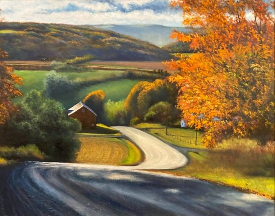 Absolutely stunner of a painting by Ralphdog. He wrote this about it: Last autumn, the view down the hill about a half mile from my home in mid-morning light. The fall color here was gorgeous for the first time in several years.
