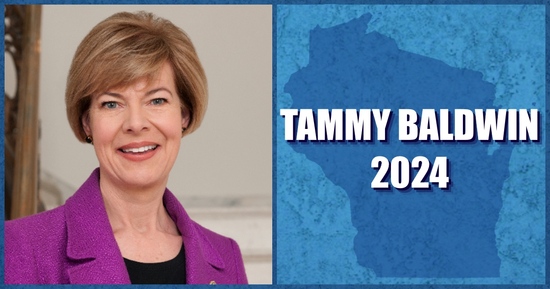 An image of Wisconsin senator Tammy Baldwin next to an map of Wisconsin and the text Tammy Baldwin 2024.