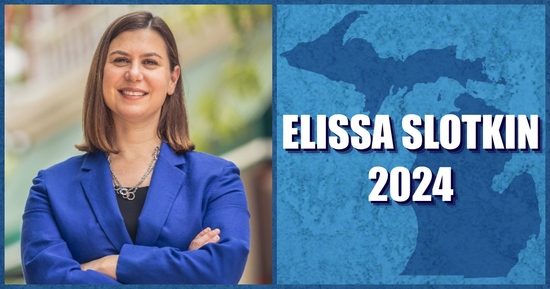 An image of Michigan senate candidate Elissa Slotkin next to an image of the state of Michigan along with the text Elissa Slotkin 2024.