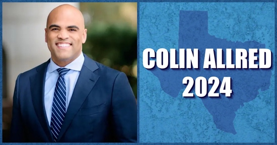 An image of Senate candidate Colin Allred next to a map of TExas with the text Colin Allred 2024