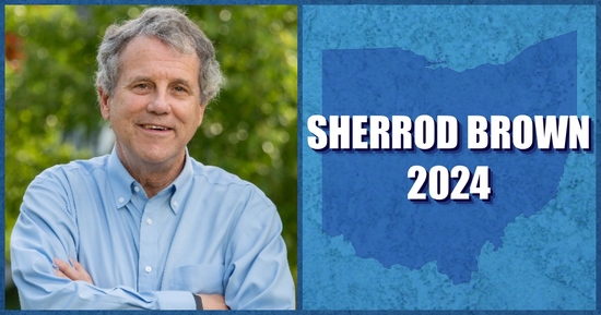 An image of Ohio Senator Sherrod Brown next to a map of Ohio with the text Sherrod Brown 2024