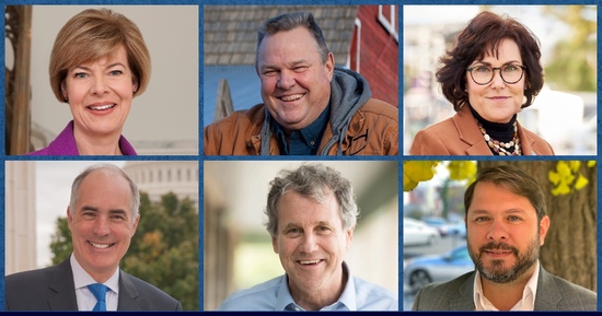 Protect the Democratic Senate Majority 2024. Image contains the photos of 6 Democratic Senate candidates. Tammy Baldwin, Jon Tester, Jacky Rosen, Bob Casey, Sherrod Brown, Ruben Gallego.