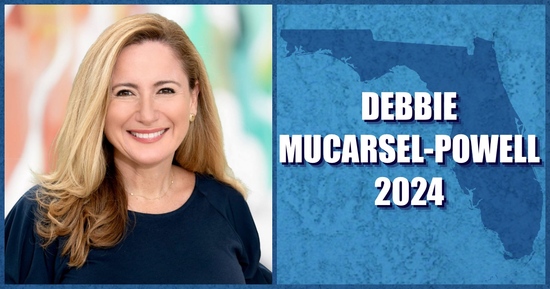 An image of Florida Senate candidate Debbie Mucarsel-Powell next to a map of Florida with the text Debbie Mucarsel-Powell 2024