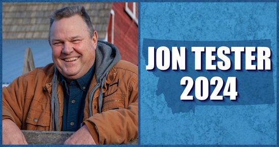 An image of Jon Tester along side the text Jon Tester 2024 layered over an image of Montana.