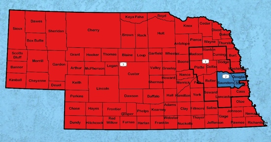 A map of the Nebraska congressional districts with the 1st  and 3rd in red while the 2nd is in blue.