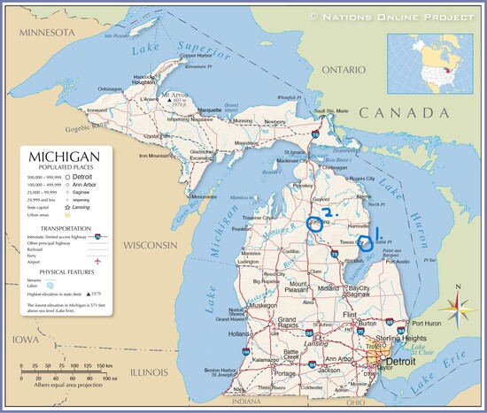 marked map of Michigan