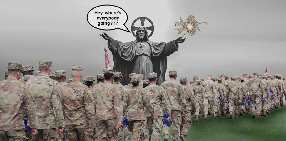 Big Jesus statue with Jesus holding sparkler in his hand with formation of soldiers marching past him and a text balloon with Jesus saying Hey where is everybody going
