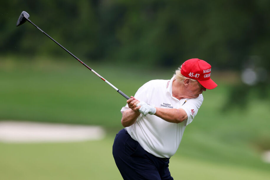 BEDMINSTER, NEW JERSEY - AUGUST 10: Former President Donald Trump hits his shot from the fifth tee during the pro-am prior to the LIV Golf Invitational - Bedminster at Trump National Golf Club on August 10, 2023 in Bedminster, New Jersey. (Photo by Mike Stobe/Getty Images)