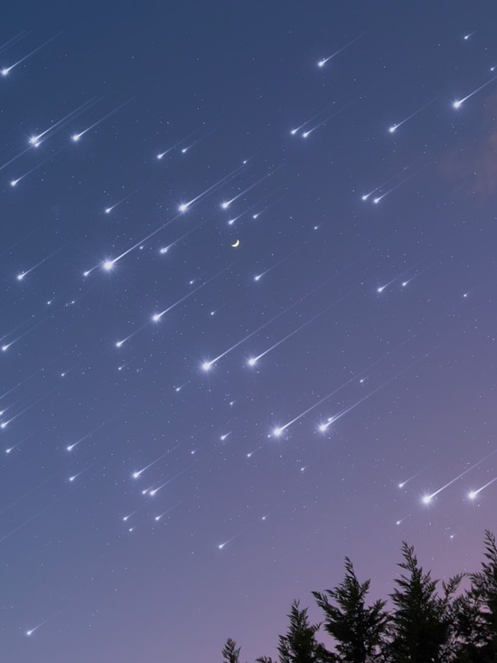 an abundant meteor shower captured at twilight over an evergreen forest.