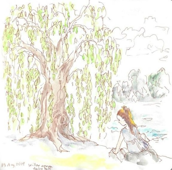 So here’s the back story for my pieces: Our granddaughter and I love to draw and paint together. When we were in Ashland for the Shakespeare festival a few years ago, we started to write our own story, which we didn’t finish. But I had fun doing some little illustrations in pen-and-ink and watercolor. Here are two of them: The Willow Woman explains to Ursula (yes, “Little Bear”, which becomes relevant later in the story) what she needs to do.