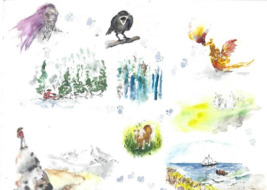 The third entry is not from this story, but rather is a collection of little drawings that may lead someone else to make up a story. The little footprints show just one of many possible paths through the 9 thumbnail illustrations (9! = 362,880 possible sequences if you use each illustration exactly once.)