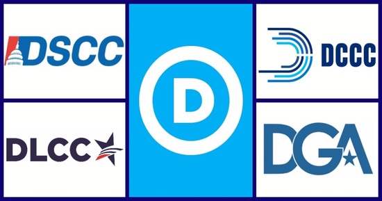 An image showing the logos of the Democrats national committees: DSCC, DLCC, DNC, DCCC, DGA