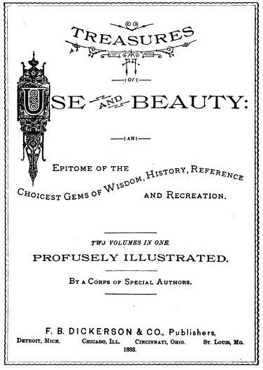 Title page of Treasures of use and beauty : an epitome of the choicest gems of wisdom, history, reference & recreation
by Mrs. G. W. Mack

Publication date 1883
Topics Encyclopedias and dictionaries, Handicraft, Encyclopedias and dictionaries, Handicraft
Publisher Detroit, Mich., Chicago, Ill. F.B. Dickerson & Co.
Collection americana
Book from the collections of University of Virginia
Language English