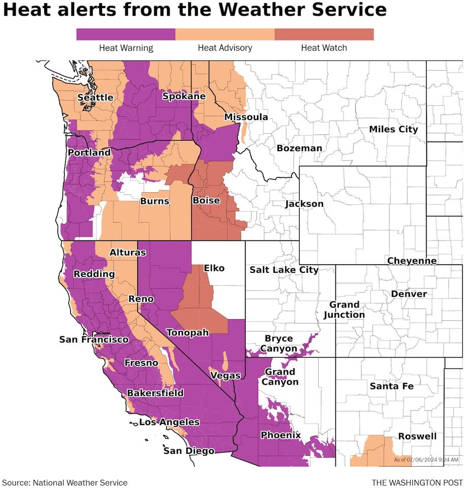 Heat alerts in the western US as of Saturday, July 5, 2024.
