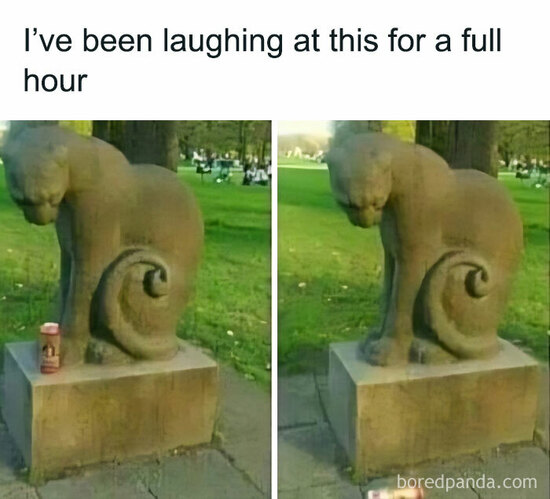 two photos of a cat statue looking downward. On the left, a pop can sits on the pedestal with it.  On the right, the pop can is lying on the ground.